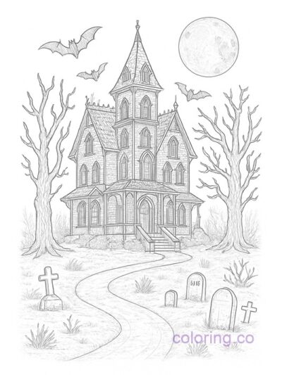 Detailed Haunted House Coloring Page