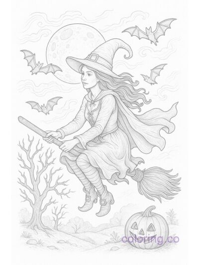 Detailed Witch Flying on a Broom Coloring Page