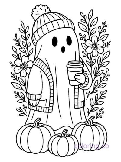 Ghost and Pumpkins Fall Coloring Page