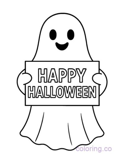 Cute Ghost with Happy Halloween Sign Coloring Page