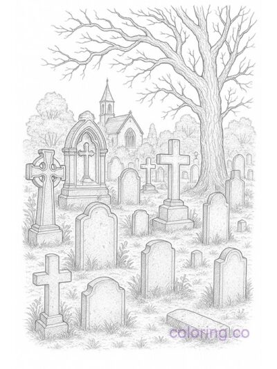 Intricate Graveyard Scene Coloring Page