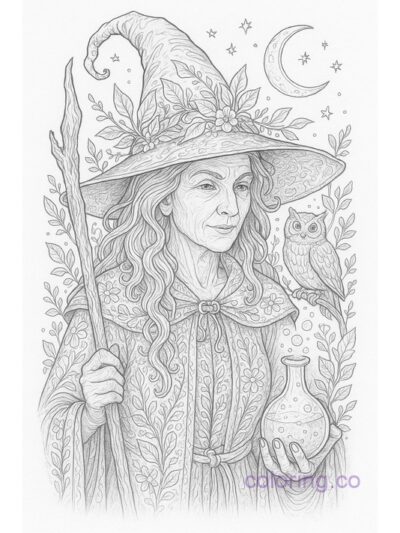 Intricate Green Witch with Potion Coloring Page