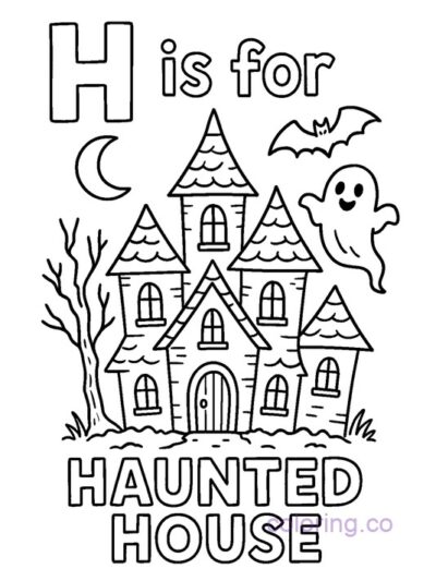 H is for Haunted House Coloring Page
