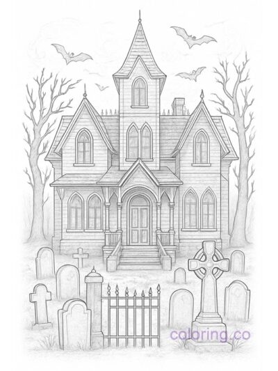 Advanced Haunted House and Graveyard Coloring Page
