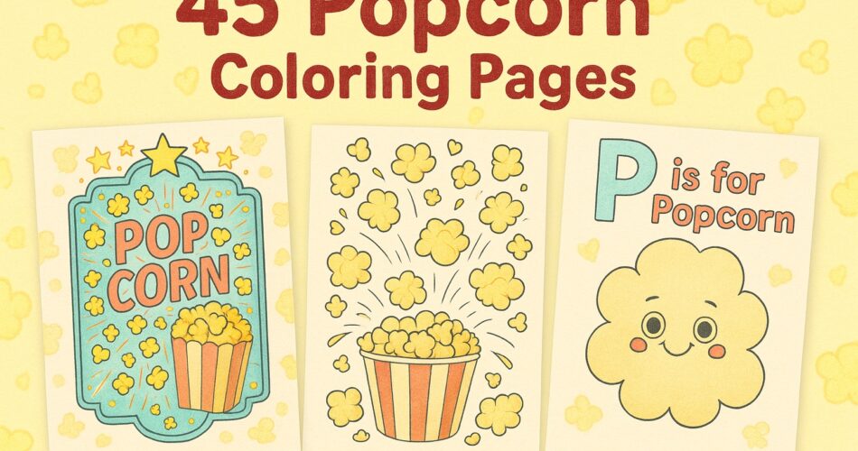 45 Popcorn Coloring Pages showing three examples: a retro popcorn sign, a bursting popcorn bucket, and a cute educational page reading ‘P is for Popcorn.’