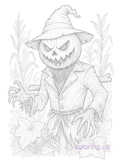Intricate Scary Pumpkin Scarecrow Coloring Page