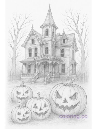Haunted House with Spooky Pumpkins Coloring Page