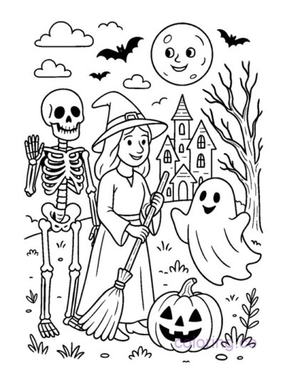 Halloween Skeleton and Friends Coloring Page