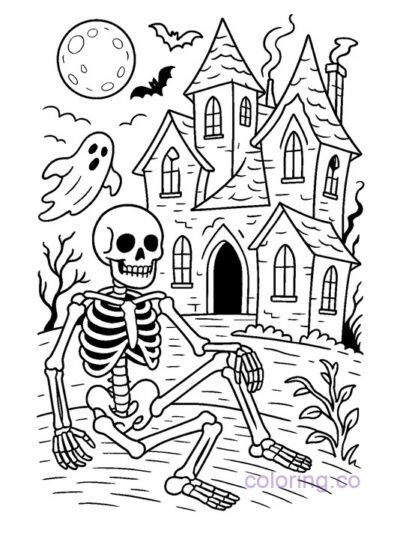 Spooky Skeleton in Haunted House Coloring Page
