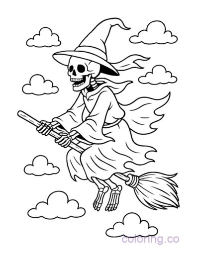 Skeleton Witch on Broom Coloring Page