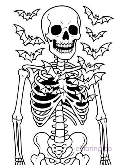 Spooky Skeleton and Bats Coloring Page