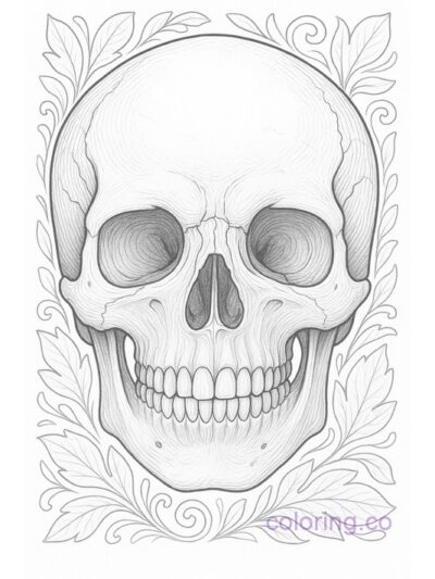Intricate Skull with Botanical Frame Coloring Page