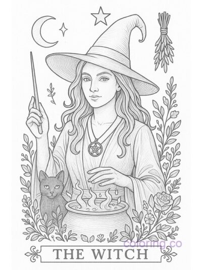 Intricate Witch Tarot Card Coloring Page