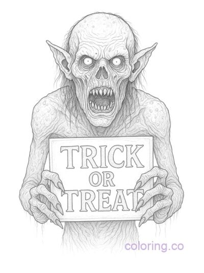 Creepy Monster Trick or Treat Coloring Page