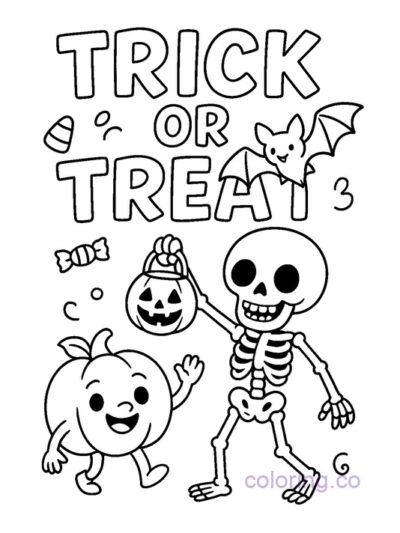 Trick or Treat Pumpkin and Skeleton Coloring Page