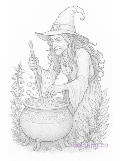 Intricate Witch and Cauldron Coloring Page