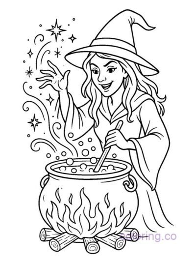 Enchanting Witch Casting a Spell Coloring Page