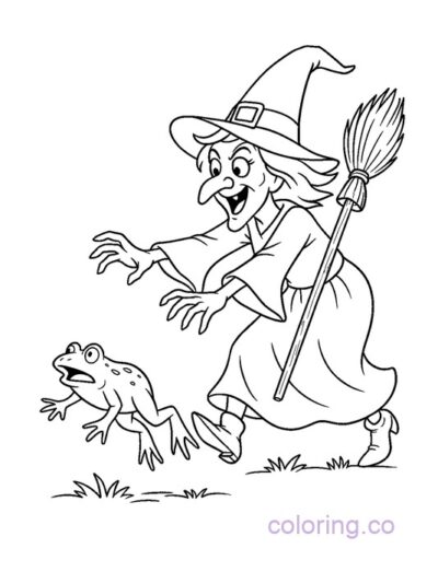 Funny Witch Chasing Frog Coloring Page