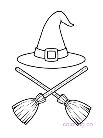 Witch Hat and Broomsticks Coloring Page