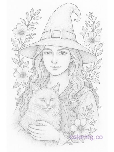 Enchanting Witch with Cat Coloring Page