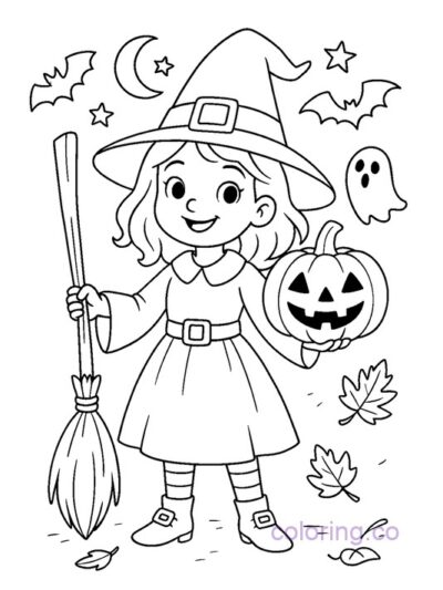 Cute Witch with Pumpkin Halloween Coloring Page