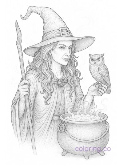Intricate Witch and Owl Halloween Coloring Page