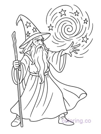Enchanting Wizard Casting Spell Coloring Page