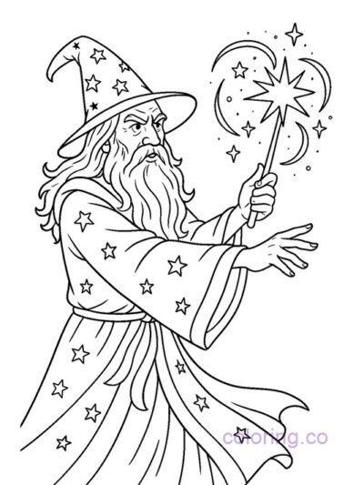 Magical Wizard with Wand Coloring Page
