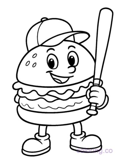 Cute Burger Baseball Player Coloring Page