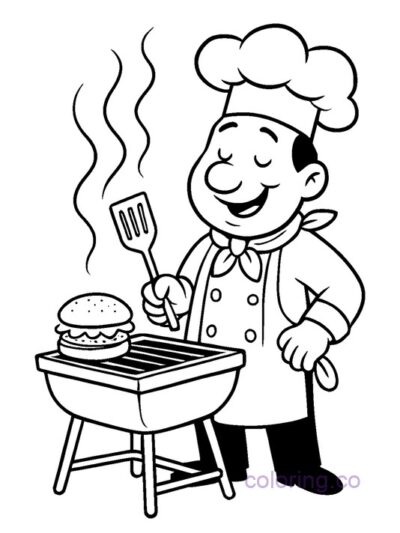 Fun Chef Burger Grilling Coloring Page