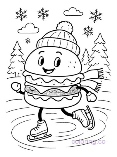 Cute Burger Ice Skating Coloring Page