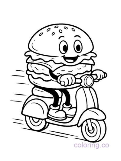 Cute Burger on a Scooter Coloring Page