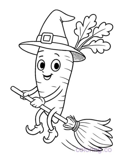 Adorable Carrot Witch on Broom Coloring Page