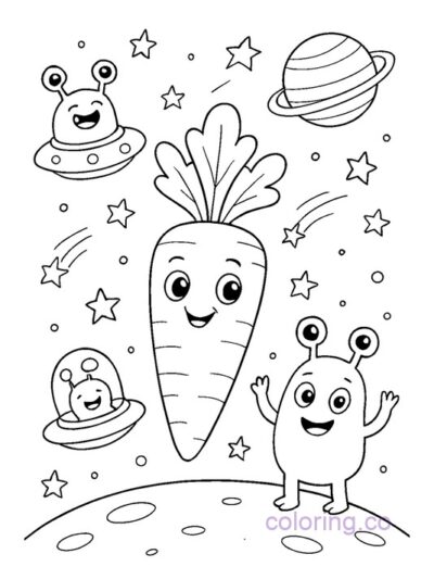 Cute Carrot and Alien Coloring Page