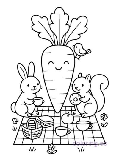 Cute Carrot Picnic with Animal Friends Coloring Page
