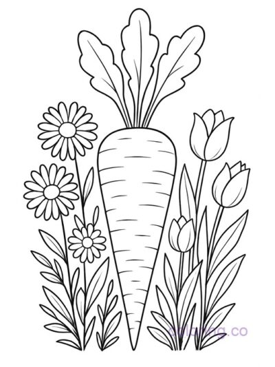 "Carrot and Flower Garden Coloring Page for Kids"
