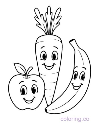 Cute Carrot and Fruit Friends Coloring Page