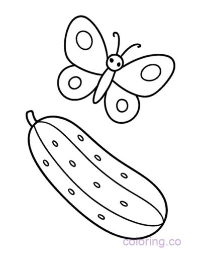 Cute Cucumber and Butterfly Coloring Page