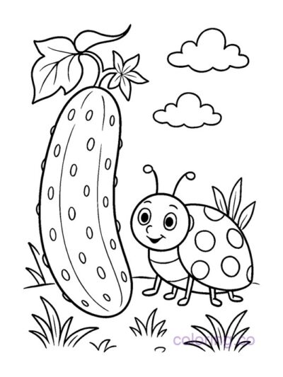 Cute Cucumber and Ladybug Coloring Page