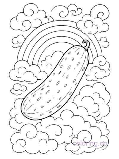 Cucumber in Rainbow Clouds Coloring Page