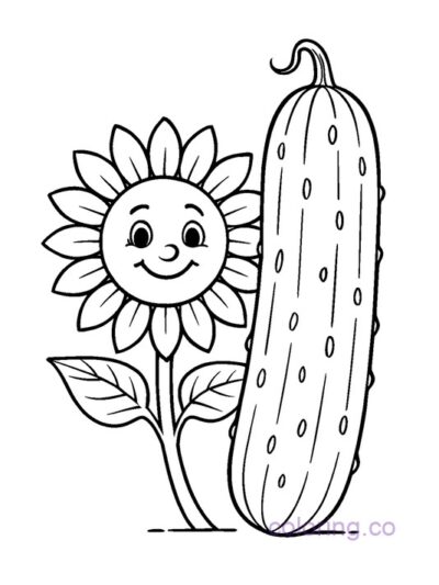 Cute Cucumber and Sunflower Face Coloring Page