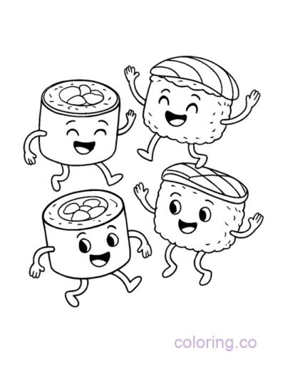 Adorable Dancing Sushi Coloring Page