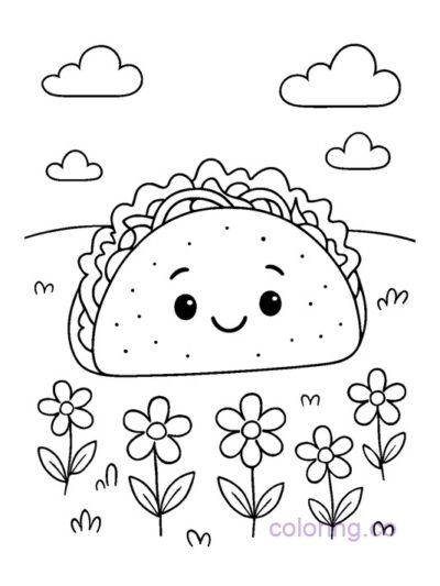 Cute Taco and Flowers Coloring Page