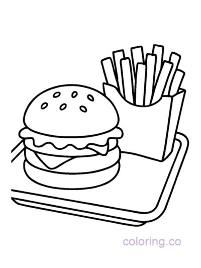 Cute Hamburger and Fries Coloring Page