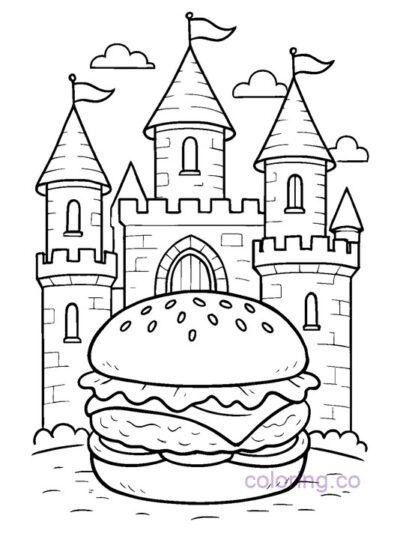 Fairytale Castle and Hamburger Coloring Page