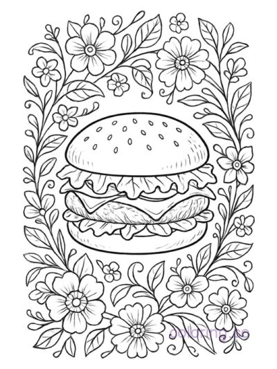 Intricate Burger and Floral Coloring Page