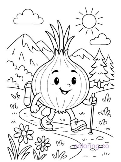 Cute Onion Hiking Coloring Page