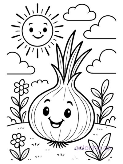 Cute Onion in Sunny Garden Coloring Page