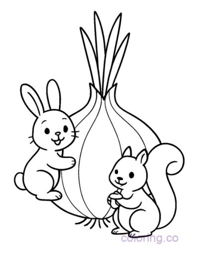 Cute Onion with Bunny and Squirrel Coloring Page