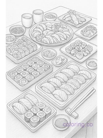 Intricate Realistic Sushi Banquet Coloring Page